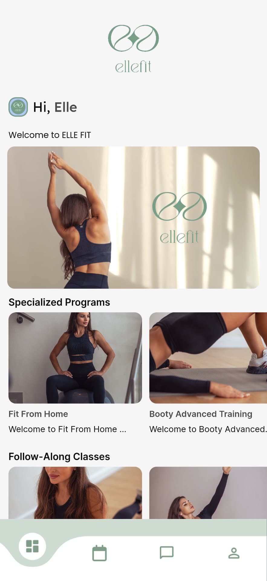 Elle Fit app home screen with programmes and follow-along classes